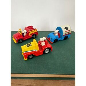 Vtg 1958 Aviva Snoopy Peanuts Diecast Toy Cars Lot Fire Truck Mail Truck Japan